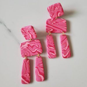 Pink Groovy Statement Polymer clay earrings handmade Lightweight 2.5"
